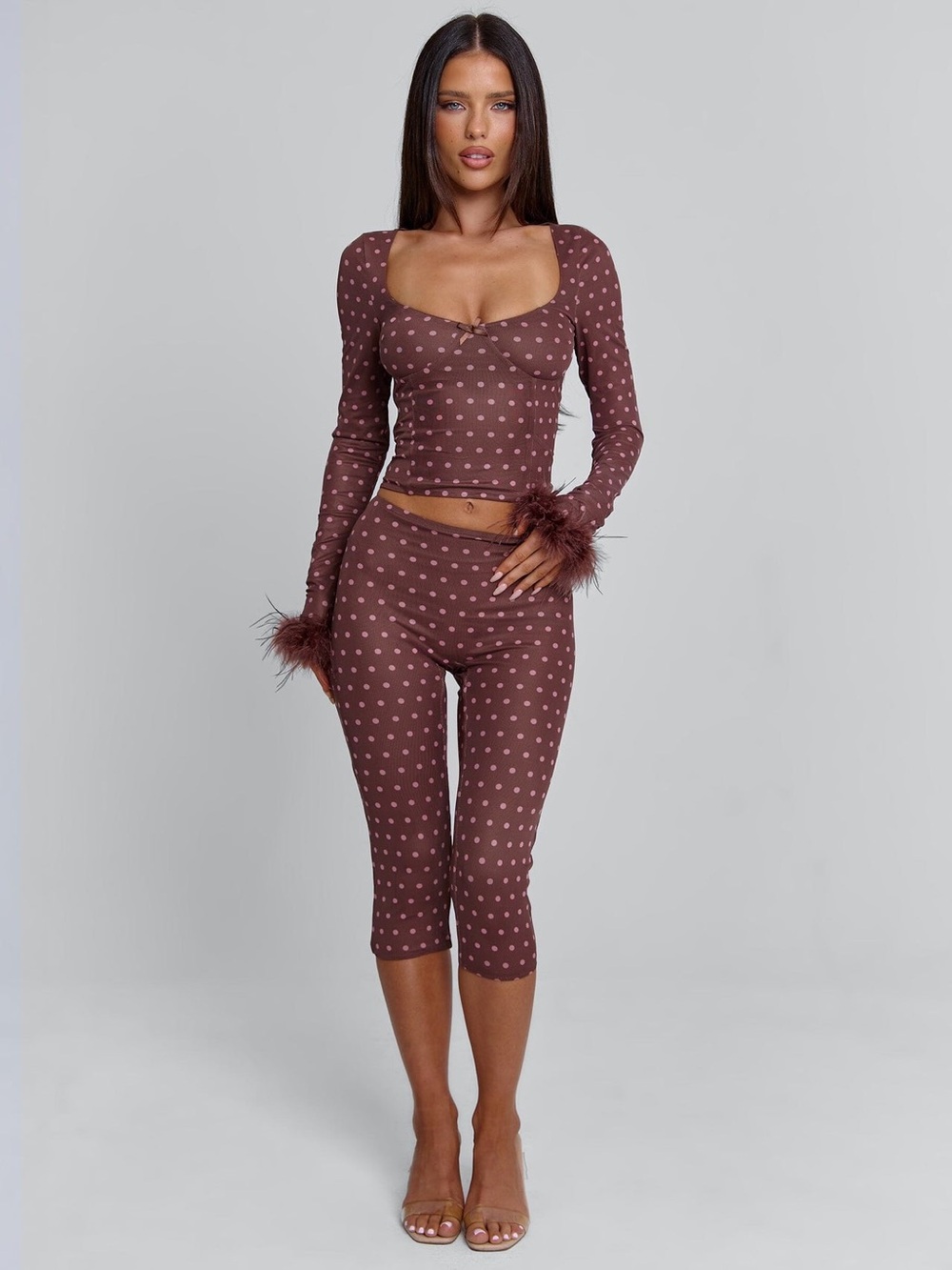 Outcast Clothing Mahria Brown Polka Dot Crop Top Long Sleeve (S) Pants (XS) Set